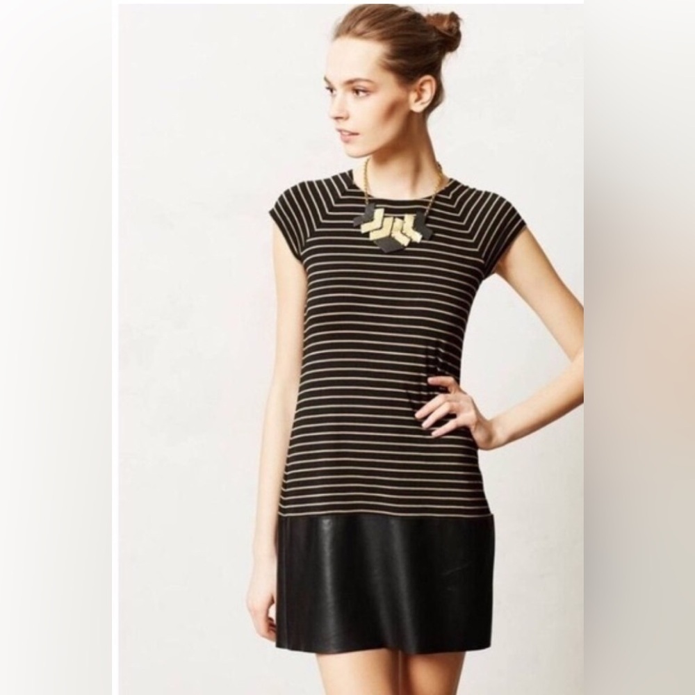 Anthropologie Brailey 44 Black and Cream Striped Midi Dressfaux leather L